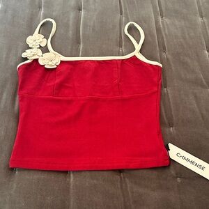 Commense Red Crop Top with Cream Floral Detail